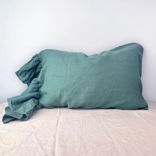 100% French Linen Queen Size Ruffled Pillowcase, Flax Flavoured (1 Pack)
