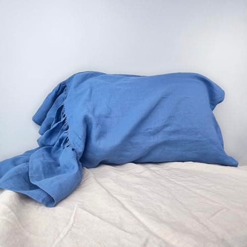 100% French Linen Queen Size Ruffled Pillowcase, Flax Flavoured (1 Pack)