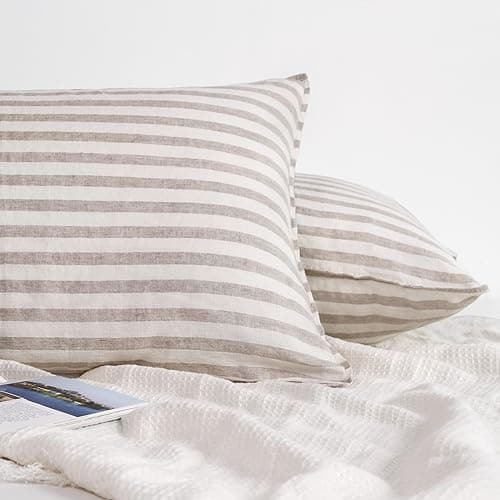 Set of 2 Striped Linen Pillow Cases, 20x30 Standard/Queen Size, 100% French Natural Flax Soft Linen Pillowcases