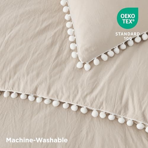Bedsure Linen Queen Comforter Set with Pom Pom Detail - Vintage Boho Bedding Set for All Seasons, 3 Piece Shabby Chic Design with Fluffy Softness and 2 Pillow Shams