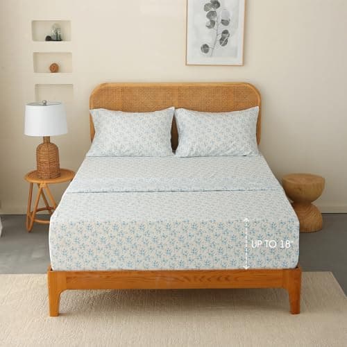 HYPREST Blue Floral King Bed Sheet Sets, Soft Breathable 4pcs Deep Pocket