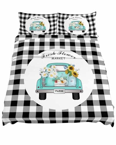 Buffalo Plaid Flower Daisies California King Sheet Set