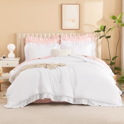 Litanika Queen Beige Ruffle Comforter Set, 3 Pieces, Fluffy Bedding