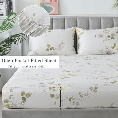 Queen Percale Cotton Sheets Set, Luxury Vintage Roses Floral, Deep Pocket Fitted, Super Soft & Breathable, 4pcs