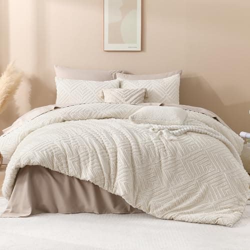 Andency Queen Comforter Set Beige, 3 Pieces Tufted Farmhouse Bedding