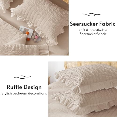 JOLLYVOGUE Beige Queen Seersucker Comforter Set with Ruffles