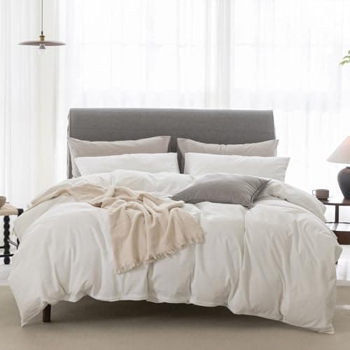 100% Washed Cotton Linen Like King Duvet Cover Set - Ultra Soft & Breathable, 3 Pieces (Off White)