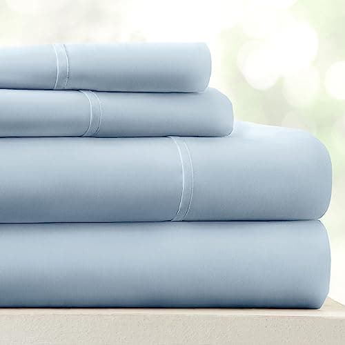 Soft and Cooling Light Blue Linen Bed Sheets for Twin Size Bed - Deep Pocket Fits 16 Thick Beds - 3 Piece Set