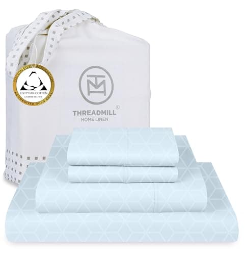 100% Egyptian Cotton Queen Sheet Set | Soft Cooling Damask Jacquard | Deep Pocket | Light Blue