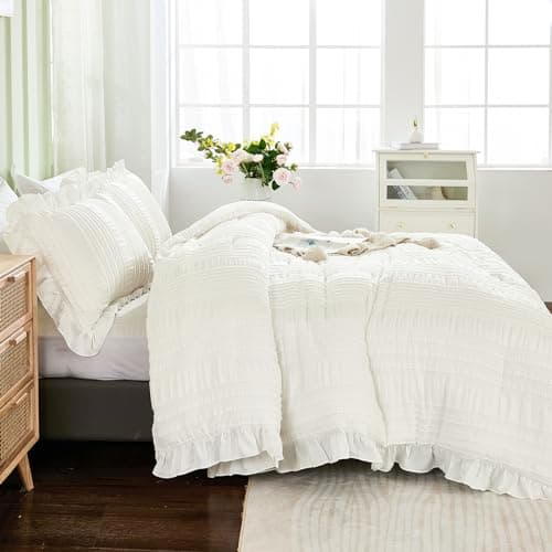 WONGS BEDDING Queen Shabby Chic Comforter Set 3 Pieces Ruffle SeersuckerTextures
