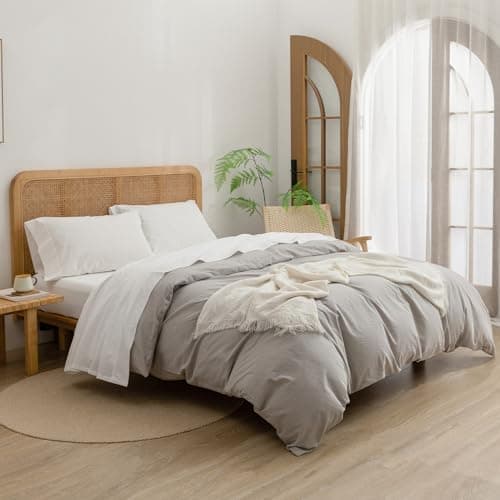 BESTOUCH Washed Cotton Linen Feel Queen Sheet Set 4 Pcs Solid Off White