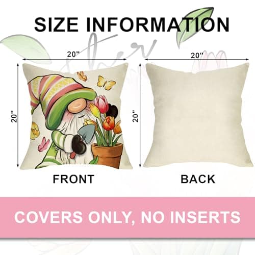 Spring & Summer Gnome Tulip Throw Pillow Covers, 20x20 Set of 4
