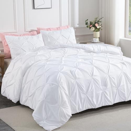 Andency White Queen Size Comforter Set, 3-Piece Cute Pinch Pleat bedding