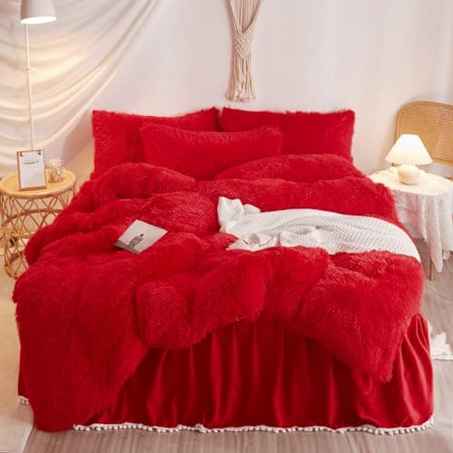 Fluffy White Duvet Cover Set for Twin Bed, 2 Pieces (1 Faux Fur Duvet Cover + 1 Plush Pillow Cases)