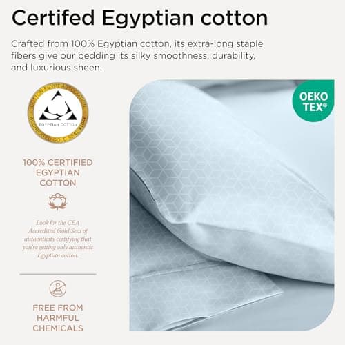 100% Egyptian Cotton Queen Sheet Set | Soft Cooling Damask Jacquard | Deep Pocket | Light Blue
