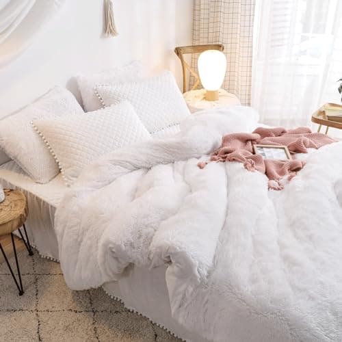 Fluffy White Duvet Cover Set for Twin Bed, 2 Pieces (1 Faux Fur Duvet Cover + 1 Plush Pillow Cases)