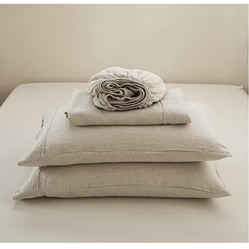Simple & Opulence Pure Linen Full Size Sheet Set - 4 Pcs Natural Embroidery