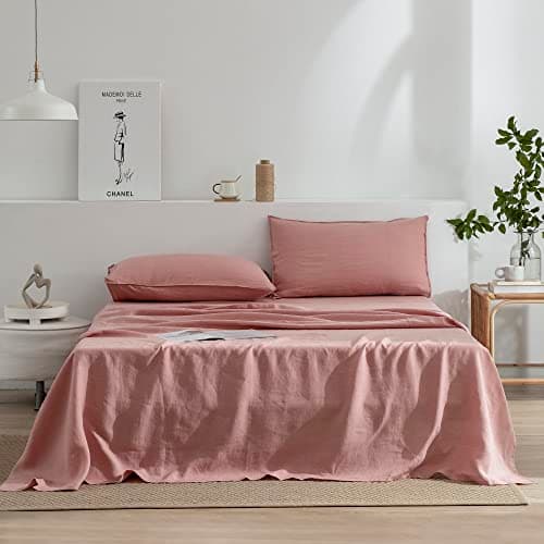 100% French Stonewash Pure Linen Sheets Set, 4Pieces, Suitable for Hot Sleepers, Saga Green, King Size