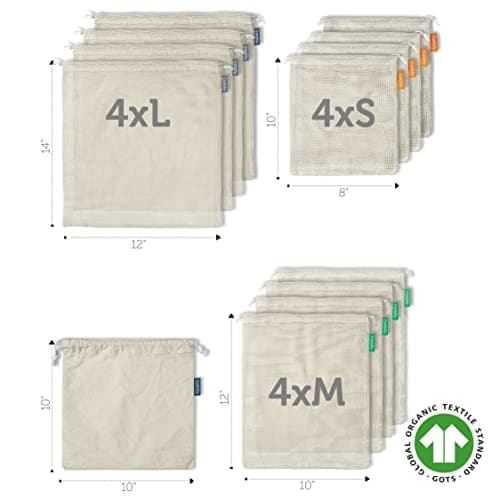 Reusable Organic Cotton Mesh Produce Bags, 12+1 Double-Stitched, Tare Weigh, 4 Sizes