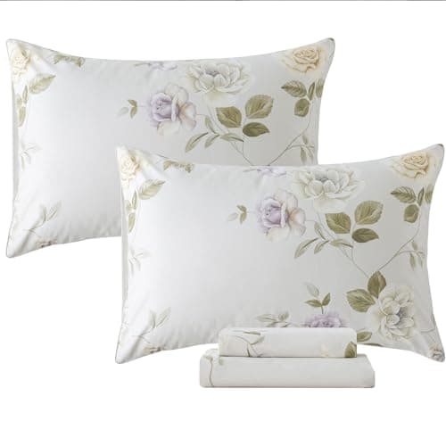 Queen Percale Cotton Sheets Set, Luxury Vintage Roses Floral, Deep Pocket Fitted, Super Soft & Breathable, 4pcs