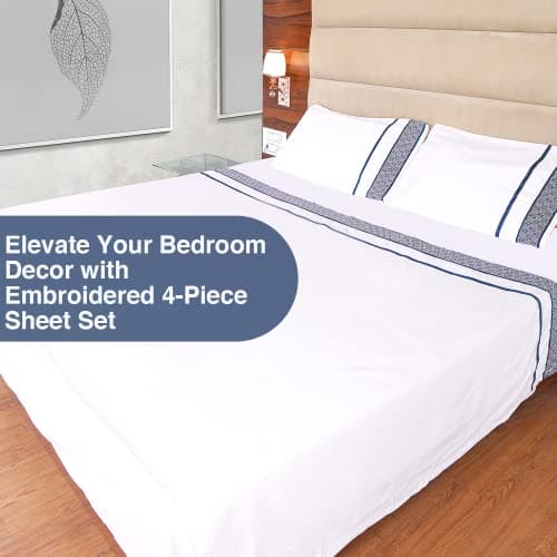 100% Egyptian Cotton Cal King Sheets, 1000 Thread Count, Sateen Weave, Navy Blue Embroidered