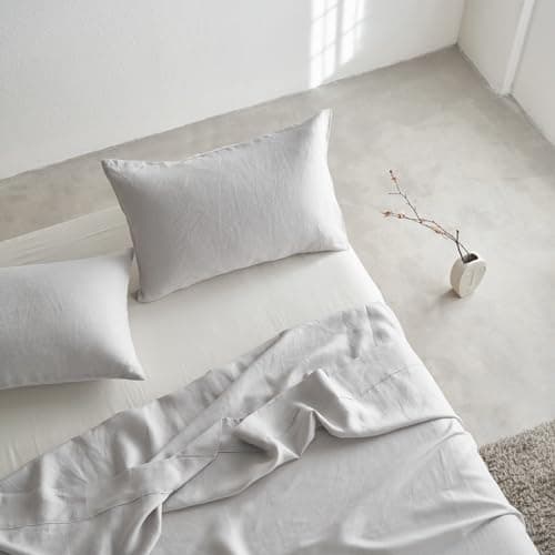 French Linen Pillowcases Queen Size Set of 2 - Solid Color, Breathable and Durable