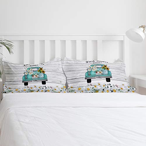 4-Piece Breathable Soft Duvet Cover Set Flower Market Retro Truck Daisies for Kids/Adults