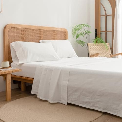 BESTOUCH Washed Cotton Linen Feel Queen Sheet Set 4 Pcs Solid Off White