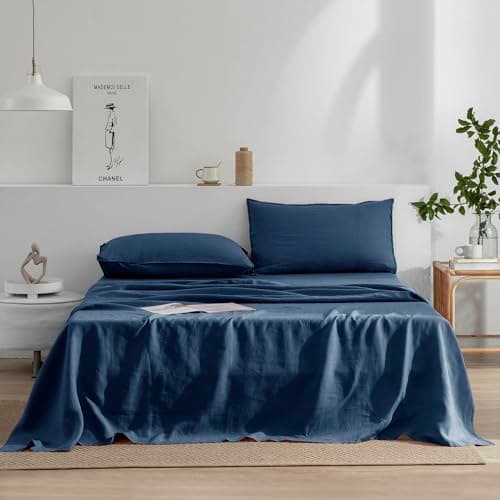 100% French Stonewash Pure Linen Sheets Set, 4Pieces, Suitable for Hot Sleepers, Saga Green, King Size