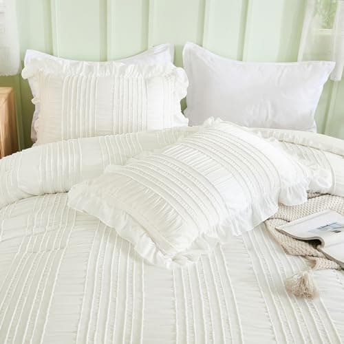 WONGS BEDDING Queen Shabby Chic Comforter Set 3 Pieces Ruffle SeersuckerTextures