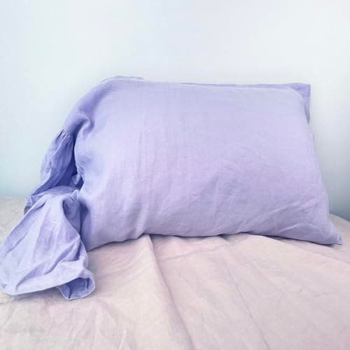 100% French Linen Queen Size Ruffled Pillowcase, Flax Flavoured (1 Pack)