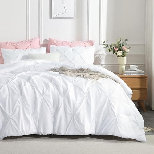 Andency White Queen Size Comforter Set, 3-Piece Cute Pinch Pleat bedding
