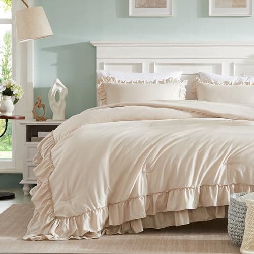 Cupocupa Beige Queen Comforter Set, 3PCs Ruffle Fluffy Bedding