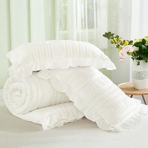 WONGS BEDDING Queen Shabby Chic Comforter Set 3 Pieces Ruffle SeersuckerTextures