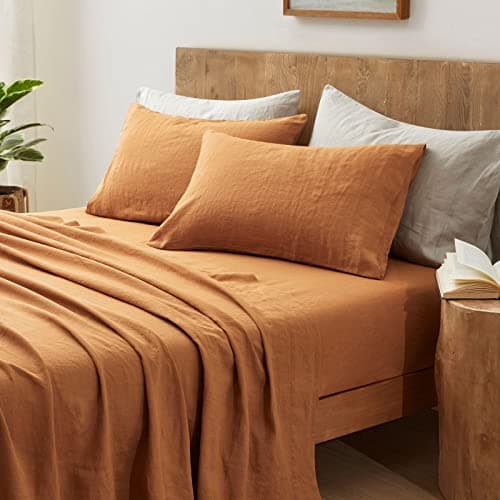 ATLINIA Pure Flax Linen Queen Sheets Set - Stone Washed French Linens