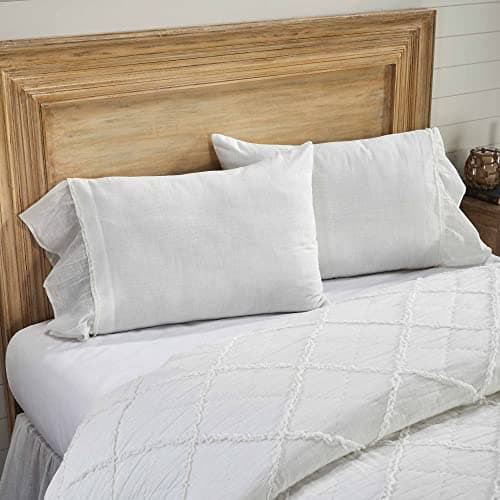Ruffled King Size Pillow Case Set of 2, Soft White Linen-Look Textured Fabric