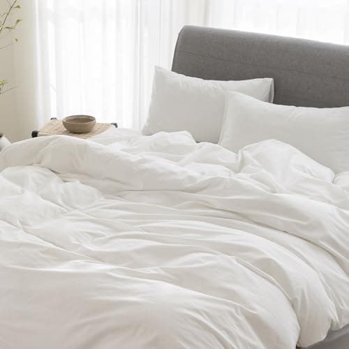 100% Washed Cotton Linen Like King Duvet Cover Set - Ultra Soft & Breathable, 3 Pieces (Off White)