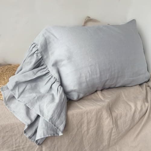 100% French Linen Queen Size Ruffled Pillowcase, Flax Flavoured (1 Pack)