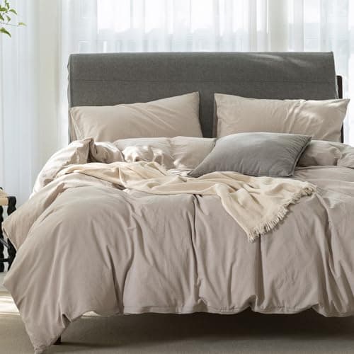 100% Washed Cotton Linen Like King Duvet Cover Set - Ultra Soft & Breathable, 3 Pieces (Off White)