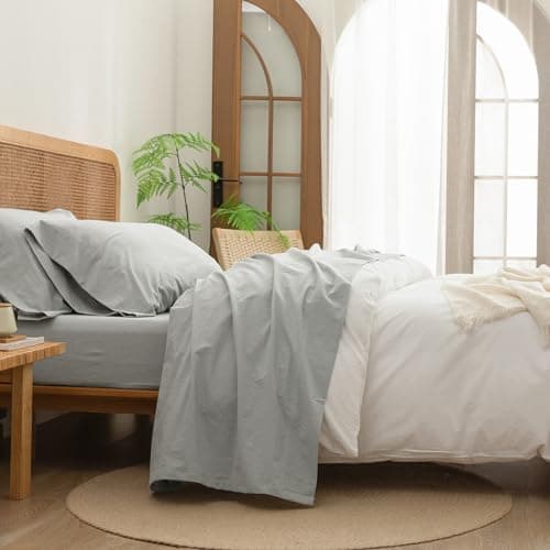 BESTOUCH Solid Linen Grey Queen Sheet Set 100% Washed Cotton