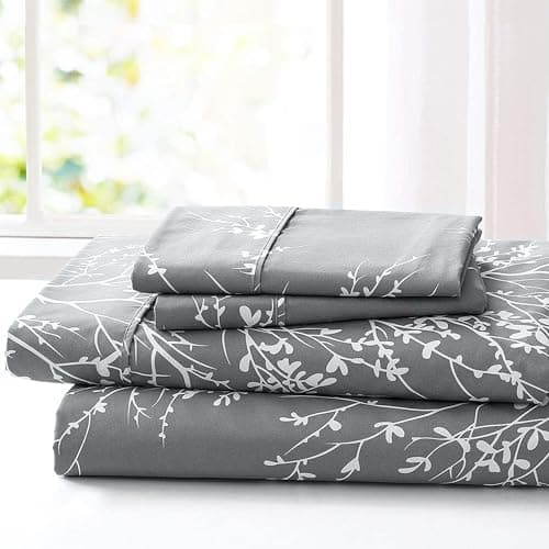 Spirit Linen Queen Size Bed Sheets - Pure Microfiber Polyester (Foliage Grey/White)