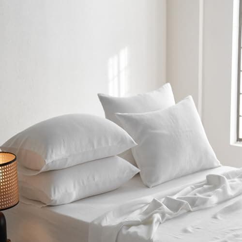 French Linen Pillowcases Queen Size Set of 2 - Solid Color, Breathable and Durable