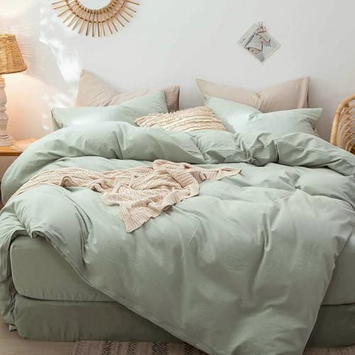MooMee Bedding Duvet Cover Set in Brown, Queen Size 100% Washed Cotton Linen Like Textured Breathable and Durable Soft Comfy