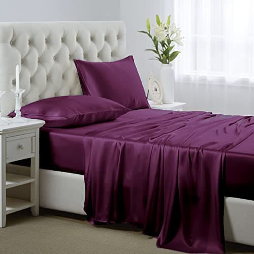 Soft Pink Silk Satin Sheets, Hypoallergenic Full Size Bedding Set, 4 Piece, Deep Pocket