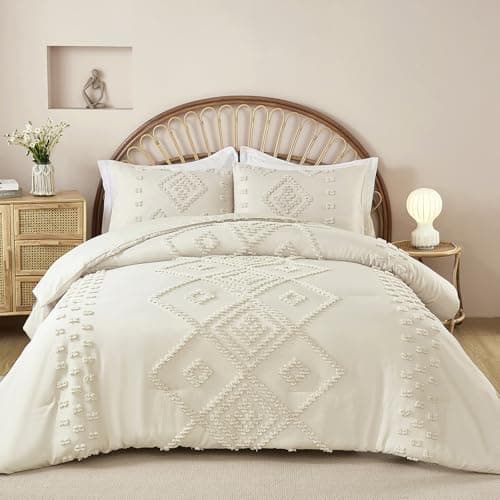 Dinjoy Shabby Chic Cream/Beige Boho Comforter Set Queen 3 Pieces Soft Fluffy