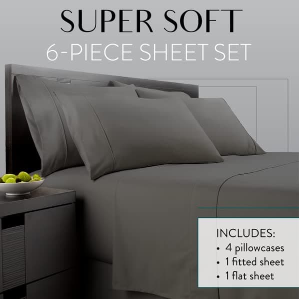 6 Piece Full Size Sheets Set - Including 4 Pillowcases - Deep Pockets - Breathable and Soft - Gray - Wrinkle Free - Machine Washable