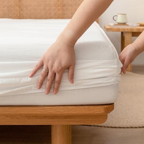 BESTOUCH Washed Cotton Linen Feel Queen Sheet Set 4 Pcs Solid Off White