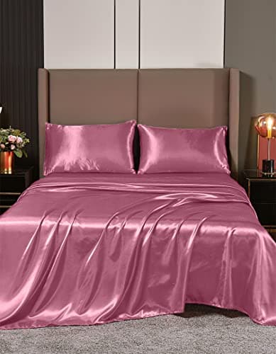 Hotel Quality Lilac Silk Satin Sheet Set | Cal King | Fitted & Flat Sheets | Pillowcases | Silky Soft