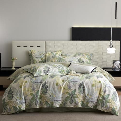 VM VOGUEMARKET Gold Green Flower Percale cotton Duvet Cover with Zipper Closure