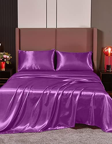 Hotel Quality Lilac Silk Satin Sheet Set | Cal King | Fitted & Flat Sheets | Pillowcases | Silky Soft